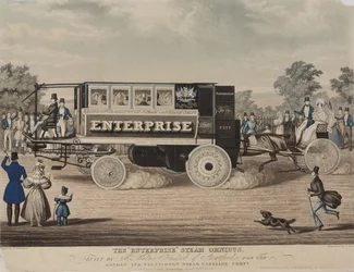 De Enterprise Stoomomnibus, gebouwd door Mr. Walter Hancock van Stratford, voor de London and Paddington Steam Carriage Company, gegraveerd door C. Hunt, 1833